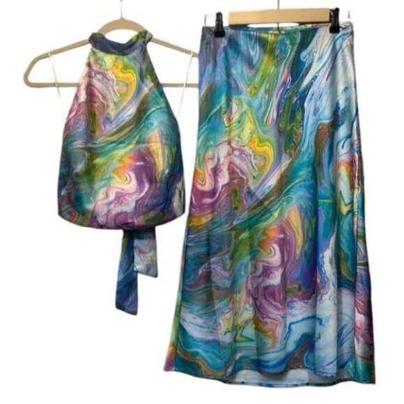 Sigrid Olsen Two Piece Set Crop Halter Top & Midi Skirt Multi Color NWT XS & S - Picture 1 of 5